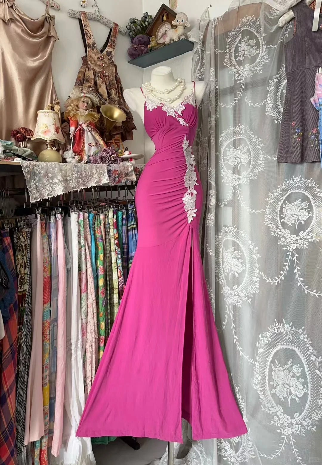 Charming Prom Dresses Mermaid Spaghetti Strap Hot Pink With Slit Long Evening Outfits N3596