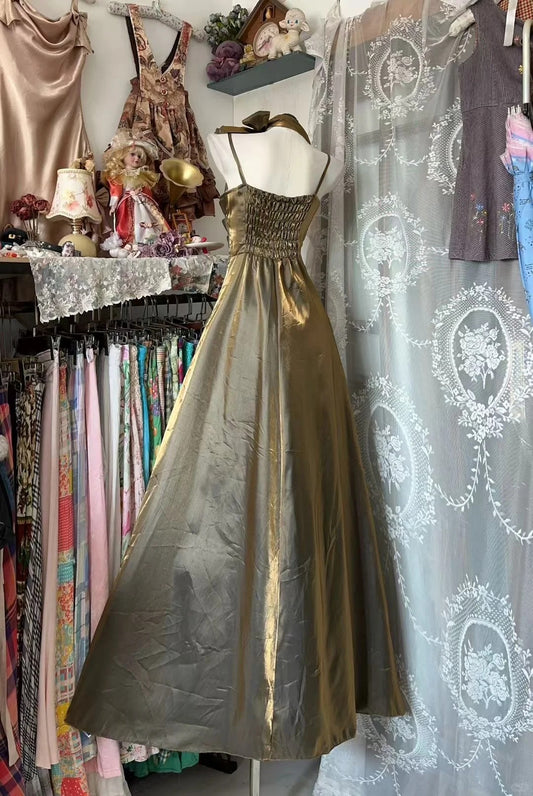 Vintage Ball Gown Spaghetti Straps 80s Sleeveless Party Gowns Long Prom Dresses N1935