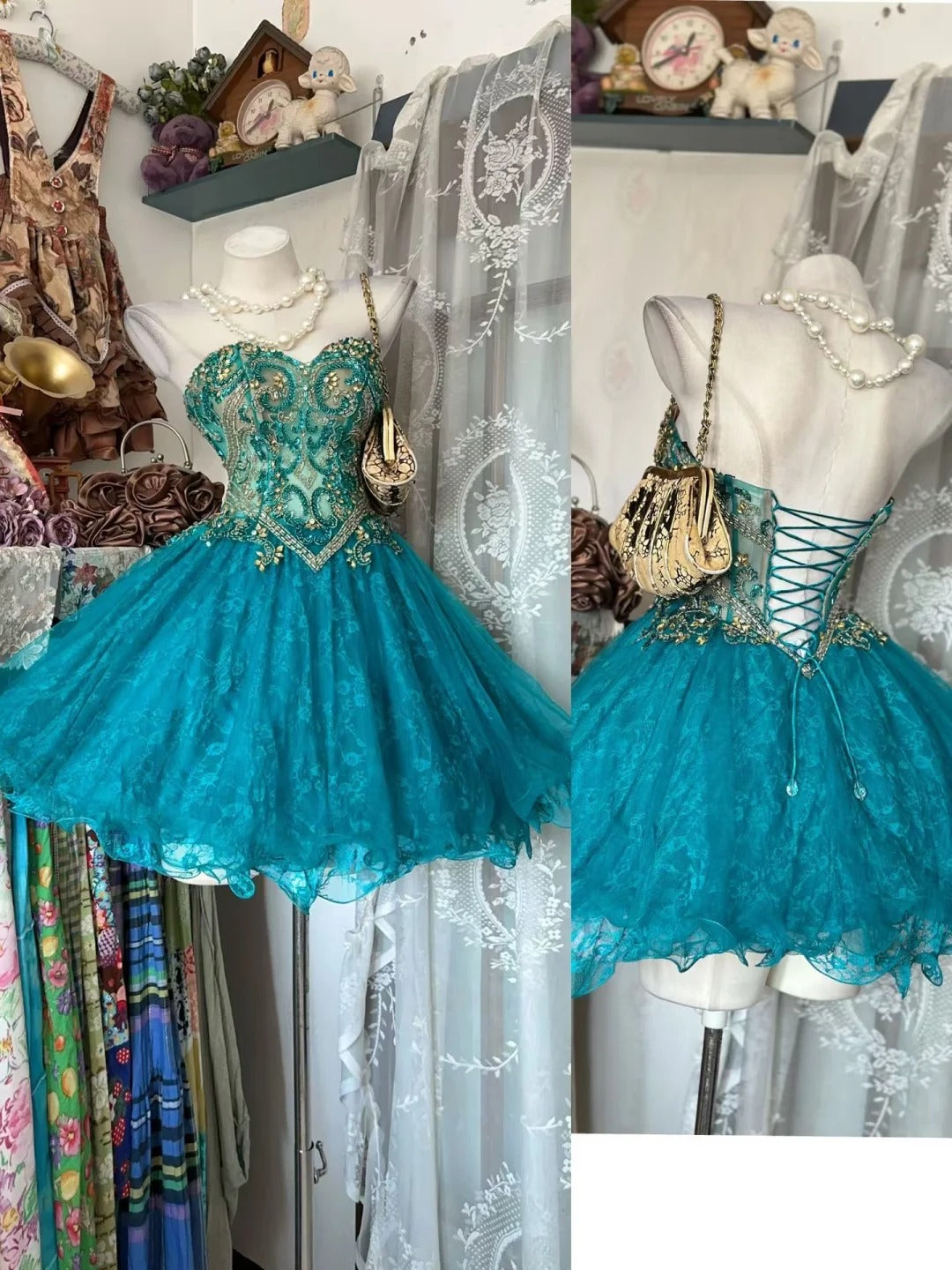Vintage Hoco Dress Ball Gown Sweetheart Blue Tulle Short Mini Homecoming Party Dresses RB9807