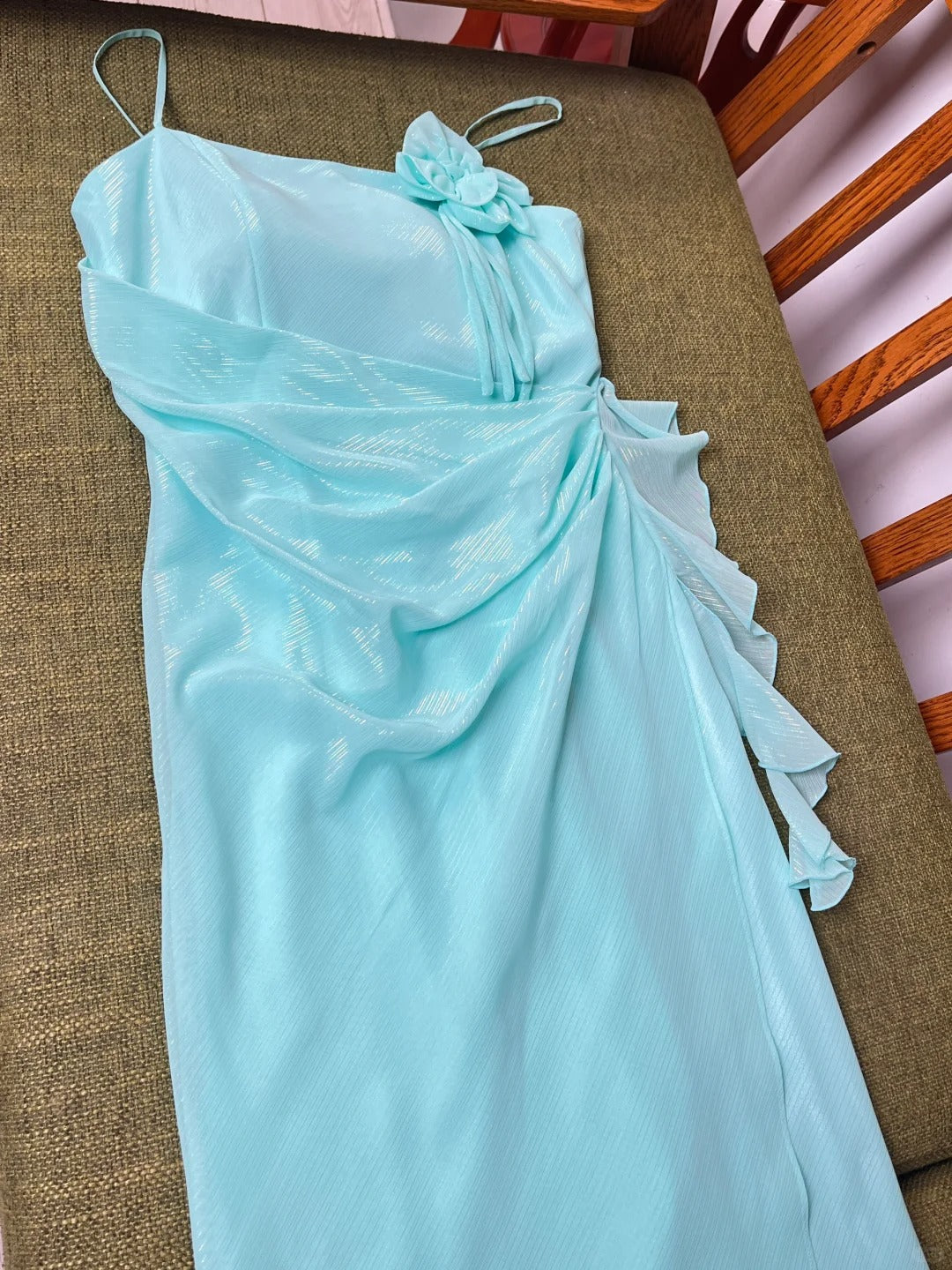 Vintage Prom Dresses Mermaid Spaghetti Straps Blue With Ruffles Sleeveless Long Evening Formal Outfits RB4250