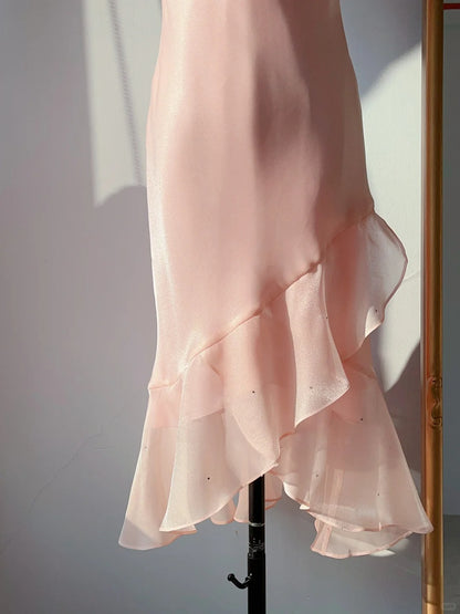 Vintage Prom Dresses 90s Mermaid Cowl Neck Pink With Ruffles Sleeveless Knee Length Formal Outfits RB4255
