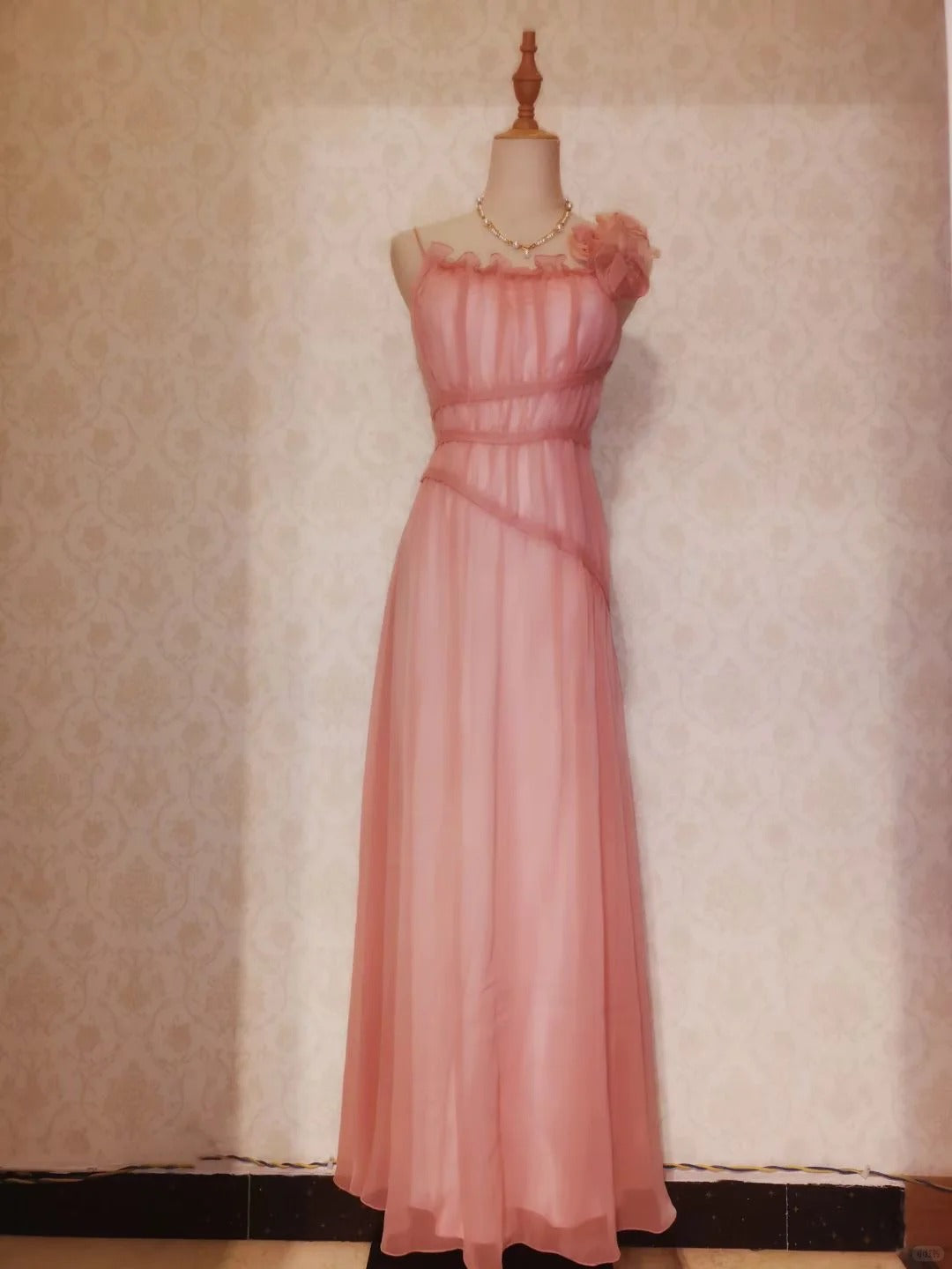 Vintage Prom Dresses 80s A Line Spaghetti Straps Blush Pink Chiffon Sleeveless Long Formal Outfits RB4278