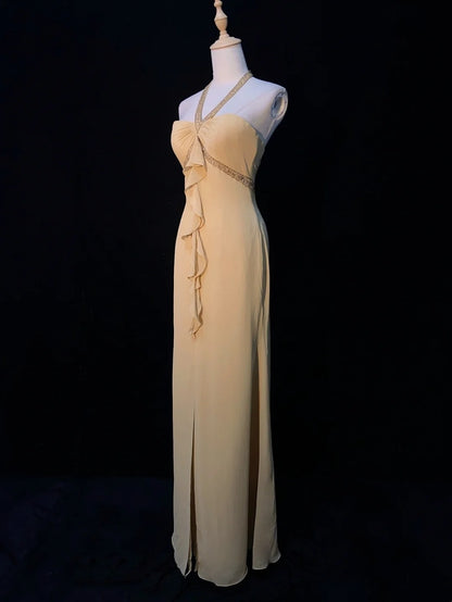 Timeless Prom Dresses A line Halter Gold Chiffon With Beading Long Evening Outfits N3208