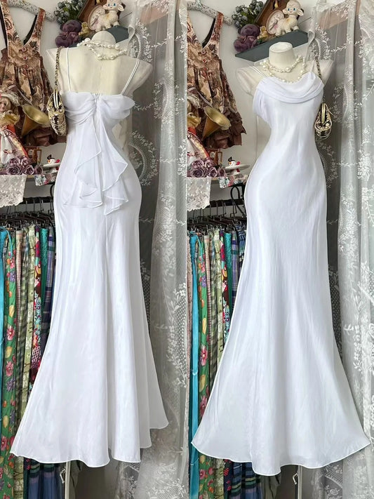 Vintage Prom Dresses Aesthetic Mermaid Spaghetti Straps White Chiffon Long Inspo Formal Party Gowns N1971