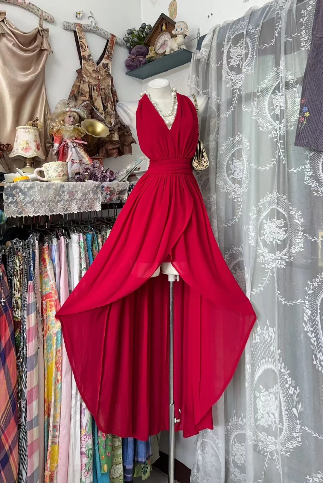 Prom Dress High Low V Neck Red Chiffon With Ruffled Romantic Evening Gown for Prom RB9802