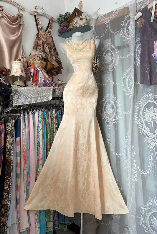 Vintage Prom Dresses Aesthetic Mermaid Yellow Lace Satin Long Inspo Formal Party Gowns N1982