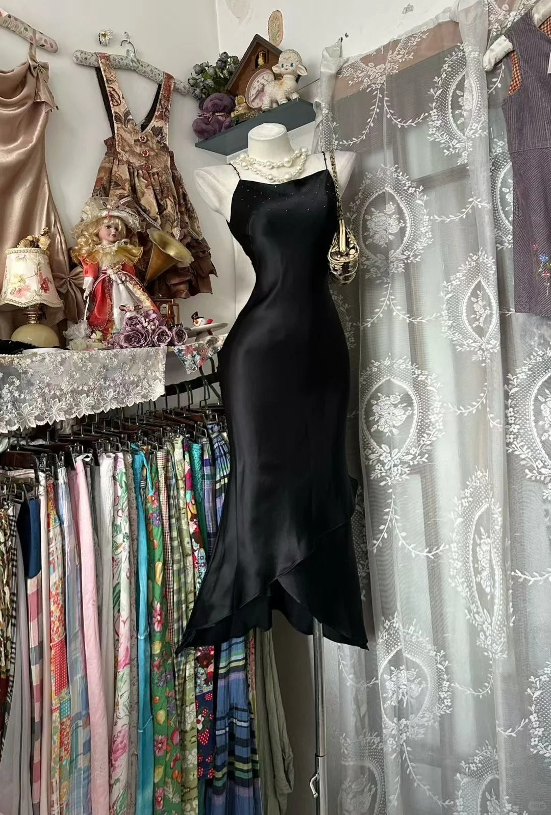 Sexy Mermaid Spaghetti Strap Black Satin Tea Length Graduation Birthday Gown Homecoming Dresses N3714