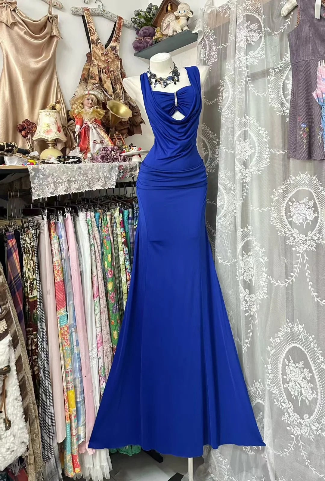 Vintage Mermaid Square Neck Royal Blue 80s Sleeveless Chiffon Party Gowns Prom Dresses N1947