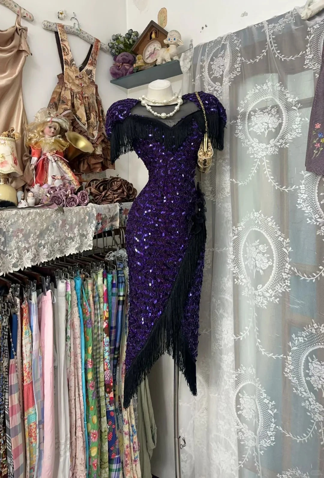 Vintage Prom Dresses Sheath Grape Sequined Tea Length 2000s Retro Party Evening Formal Gown RC1116