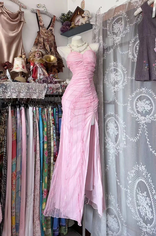 Vintage Mermaid Halter Pink With Slit 80s Sleeveless Long Party Gowns Prom Dresses N1949