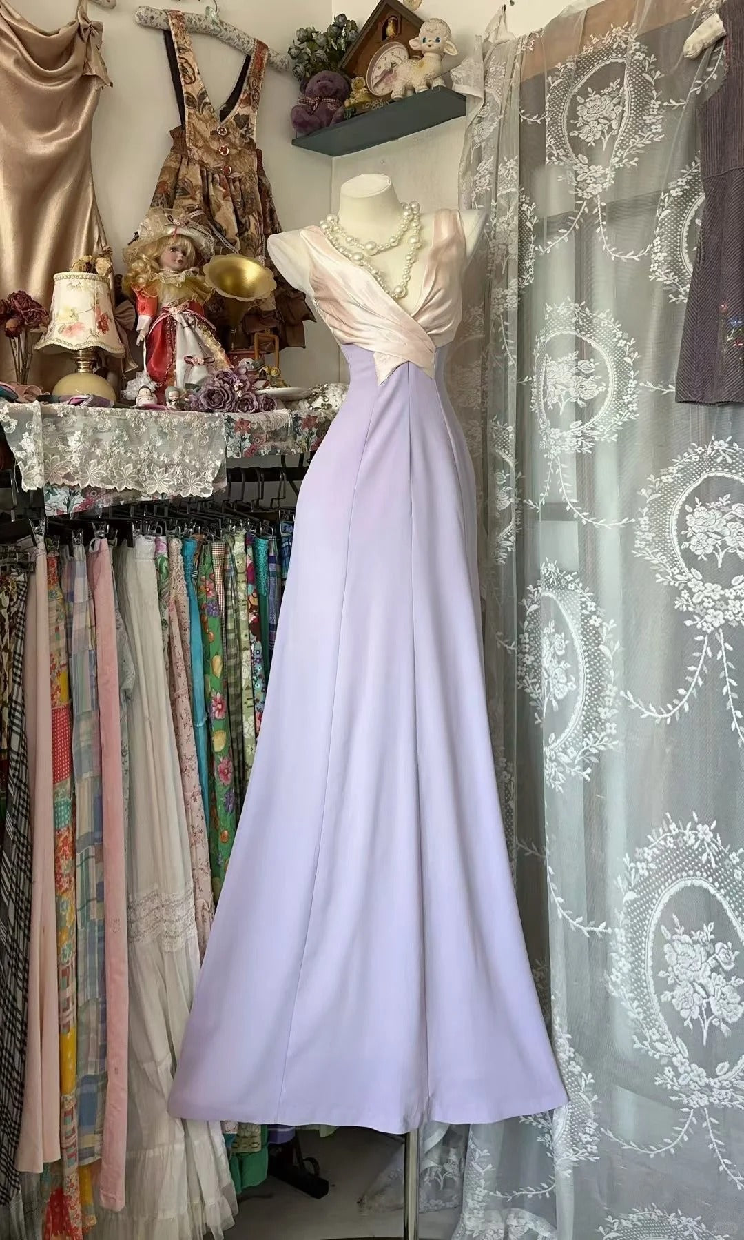Modest Prom Dresses Mermaid V Neck Lilac Chiffon Sleeveless Evening Outfits N3606