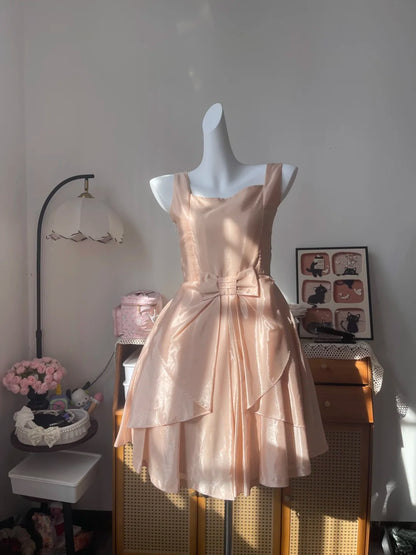 Vintage Ball Gown Square Neck Pink With Bow 16th Birthday Homecoming Dress Graduation Outfits RB6796