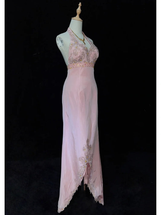 Timeless Prom Dresses A line Halter Pink Chiffon With Beading Long Evening Outfits N3205