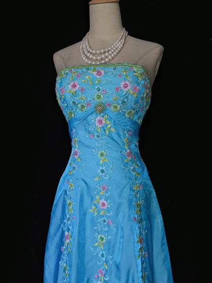 Vintage Prom Dresses Inspo A Line Strapless Blue Satin With Embroidery For Women Formal Dress N3209