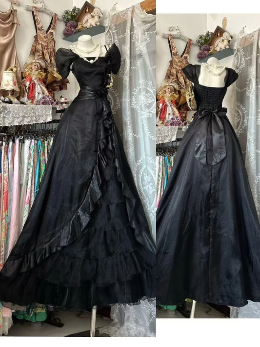 Vintage Prom Dresses Aesthetic A line Spaghetti Straps Black Tulle Inspo Formal Party Gowns N1978