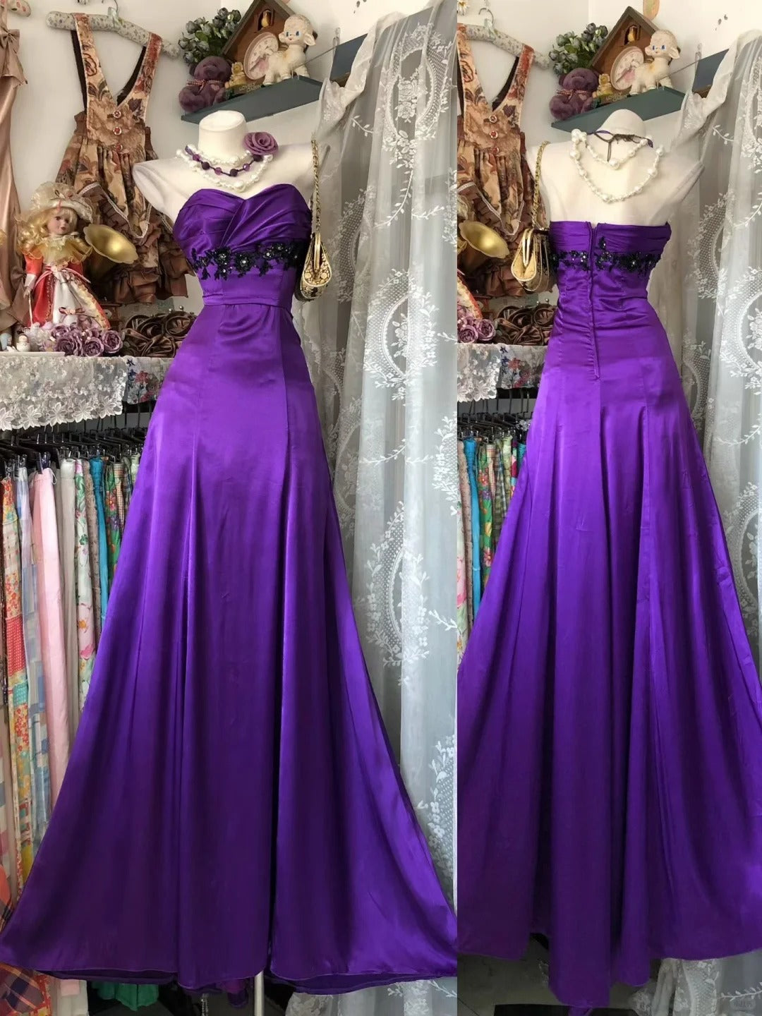 Vintage Prom Dresses A line Sweetheart Purple Satin Beading 80s Retro Party Evening Formal Outfits RC1104