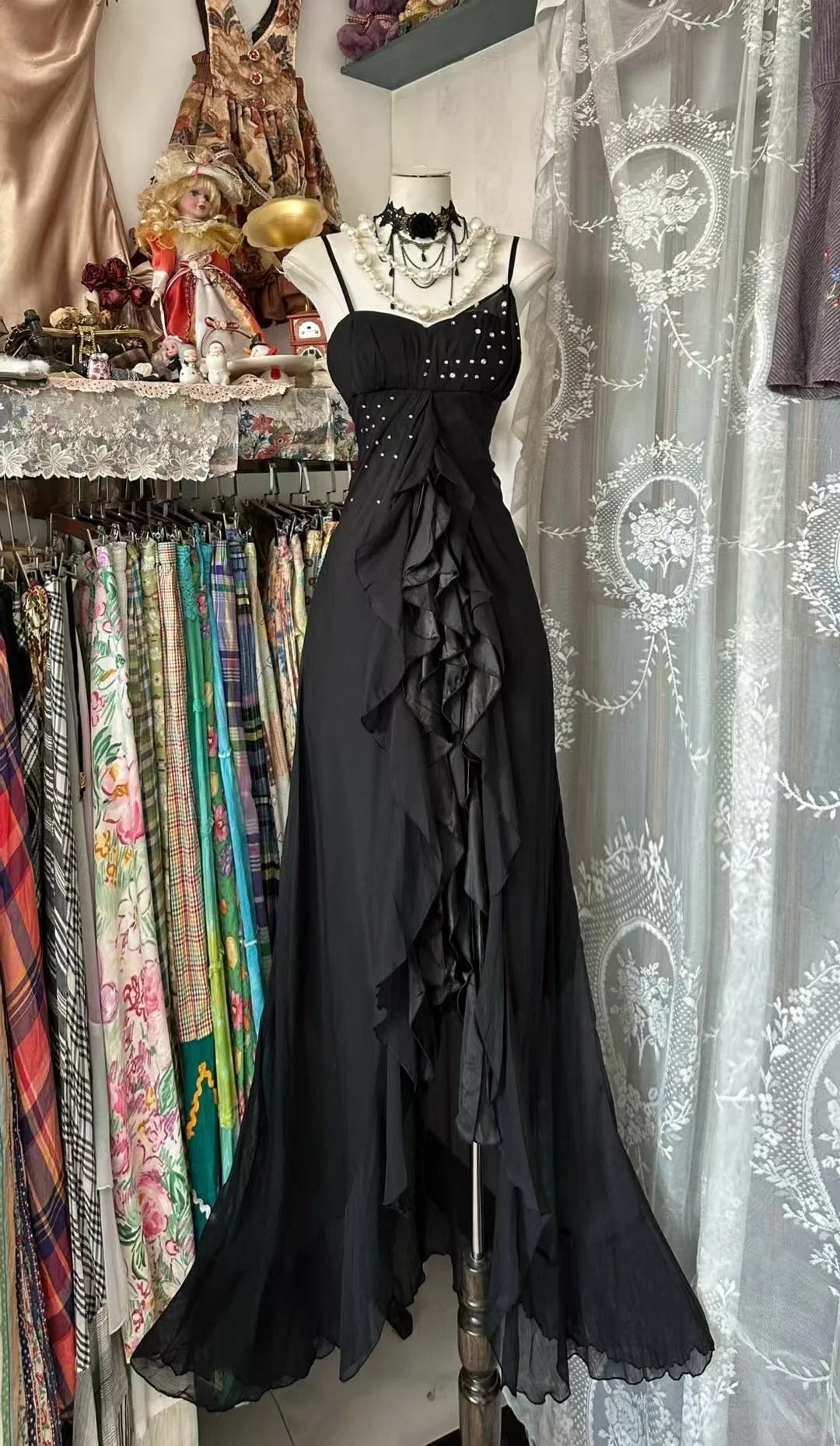 Vintage Prom Dresses Aesthetic Mermaid Spaghetti Straps Black Chiffon Long Inspo Formal Gowns N1988