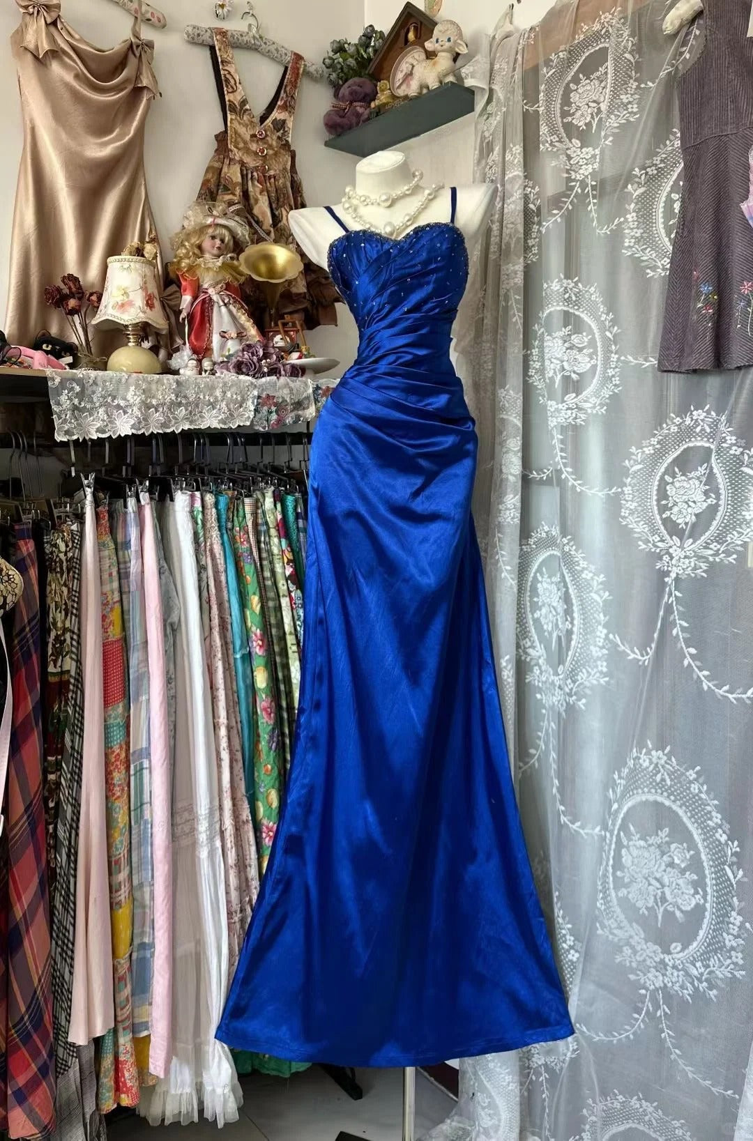 Vintage Prom Dresses Aesthetic Mermaid Spaghetti Straps Royal Blue Satin Long Inspo Formal Gowns N1987