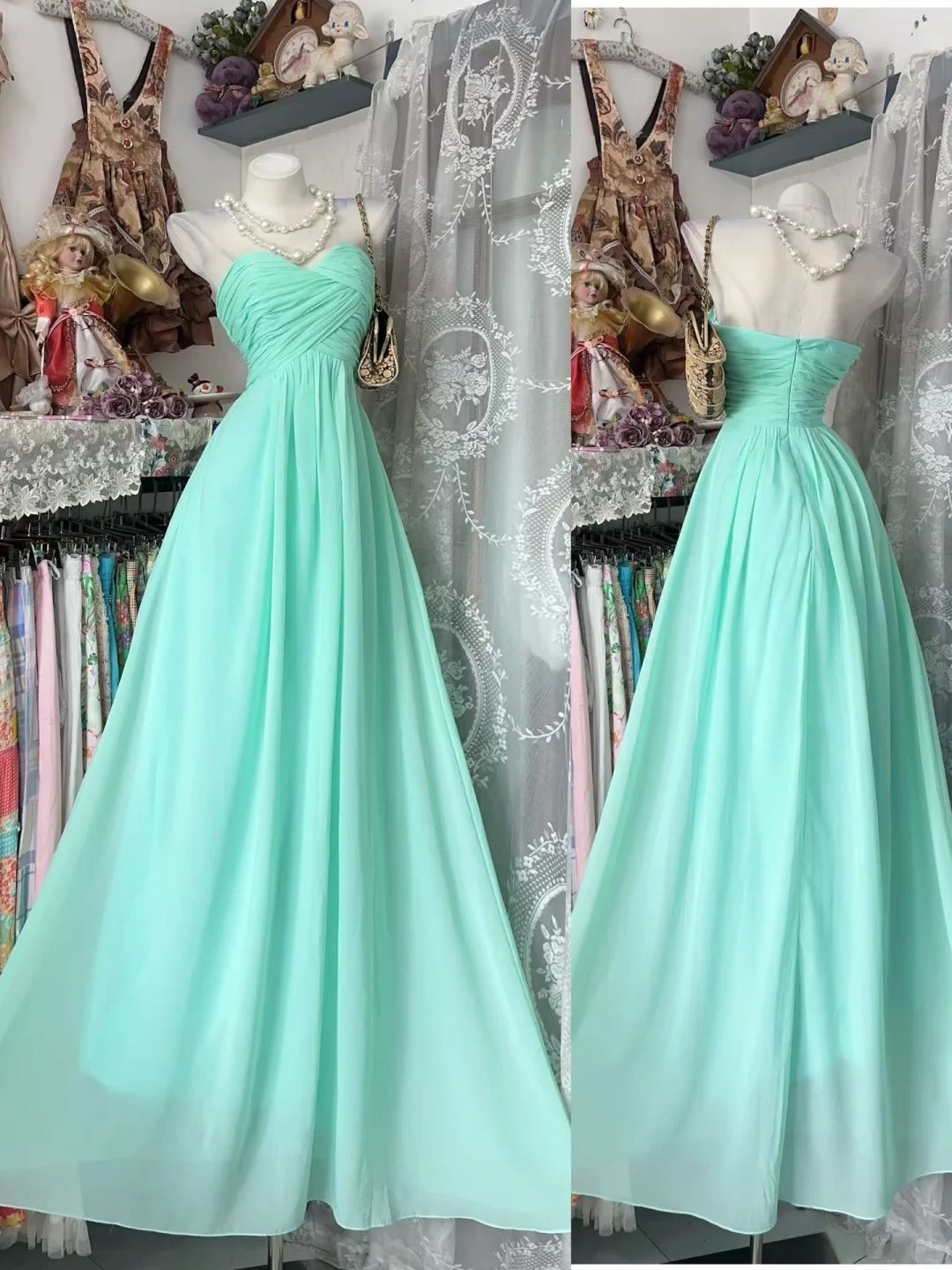 Vintage Prom Dresses A line Sweetheart Mint Green Chiffon Ruffled 80s Retro Party Evening Formal Outfits RC1105