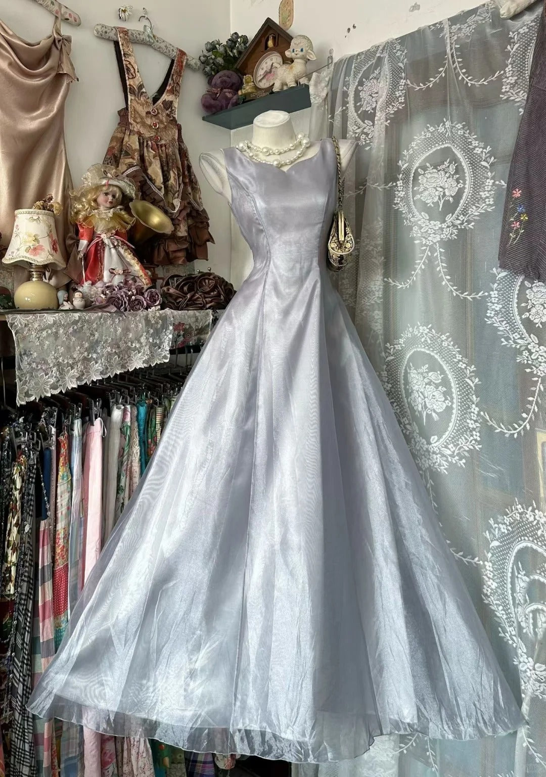 Vintage Prom Dresses A Line Gray Sleeveless 2000s Long Party Evening Formal Gown RC1122