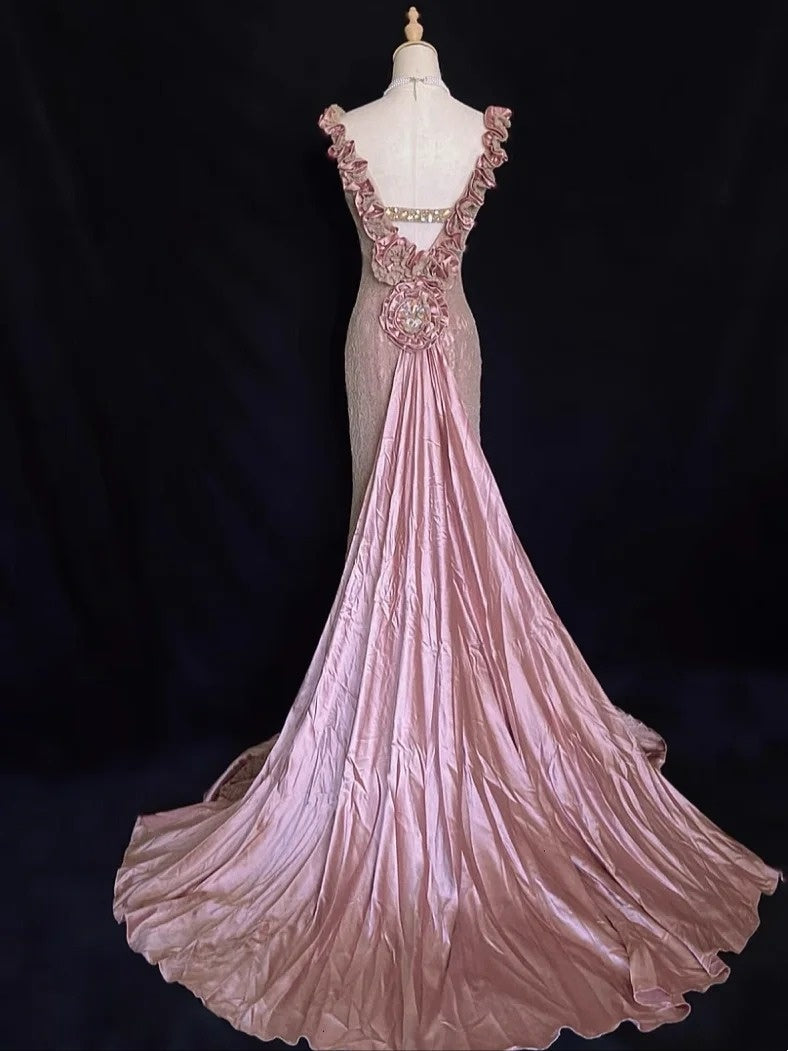 Vintage Prom Dresses Inspo Mermaid V Neck Pink Lace 1990s With Ruffled Formal Gowns N3316