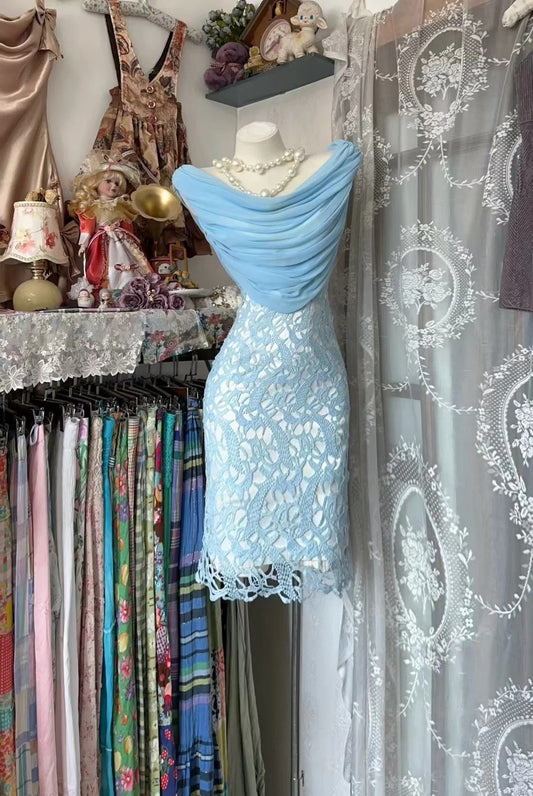 Cute Sheath Light Blue Chiffon Short Chiffon 15th Birthday Gown Homecoming Outfits N3607