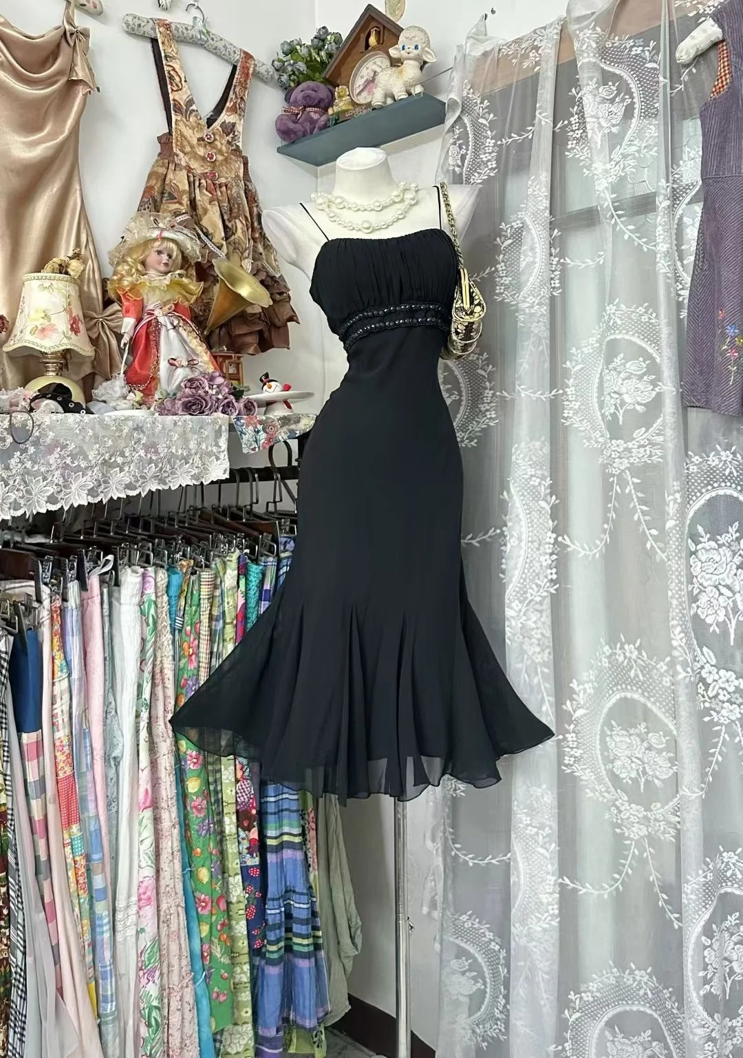Sexy Mermaid Spaghetti Strap Black Chiffon Mid Length Graduation Birthday Gown Homecoming Dresses N3713