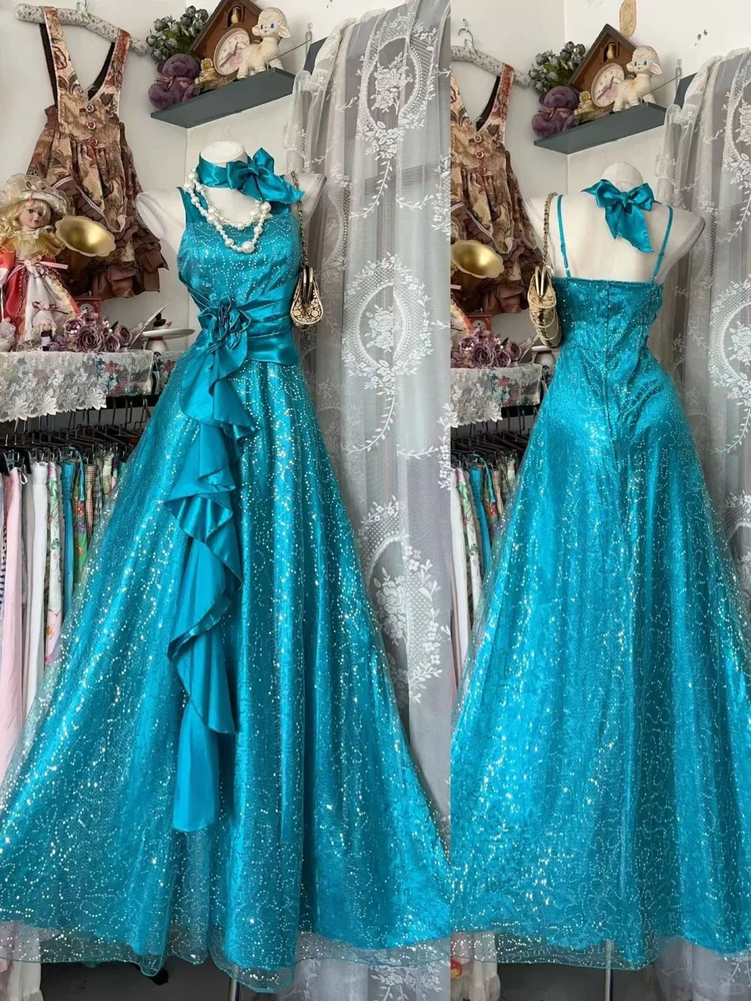 Prom Dress Mermaid Straps Blue With Ruffled Long Romantic Evening Gown for Prom RB9794