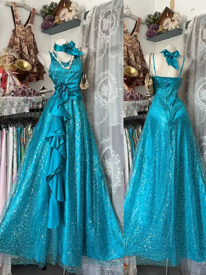 Prom Dress Mermaid Straps Blue With Ruffled Long Romantic Evening Gown for Prom RB9794