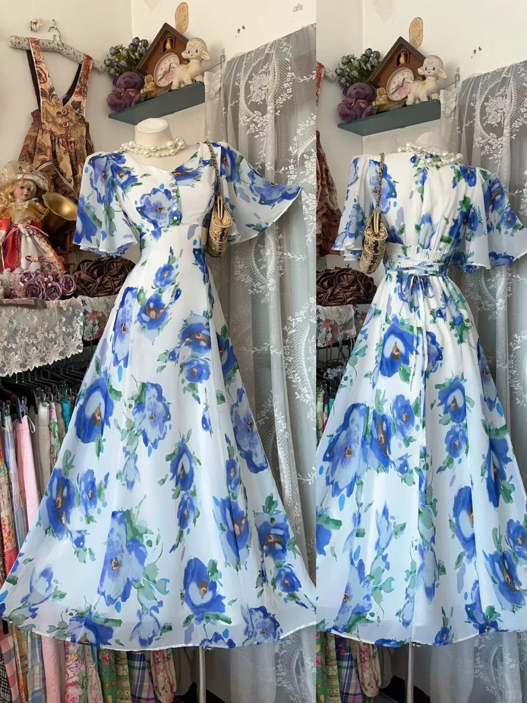 Prom Dress A Line Blue Floral Chiffon Short Sleeves Floor Length High School Graduation Party Dresses RC1124