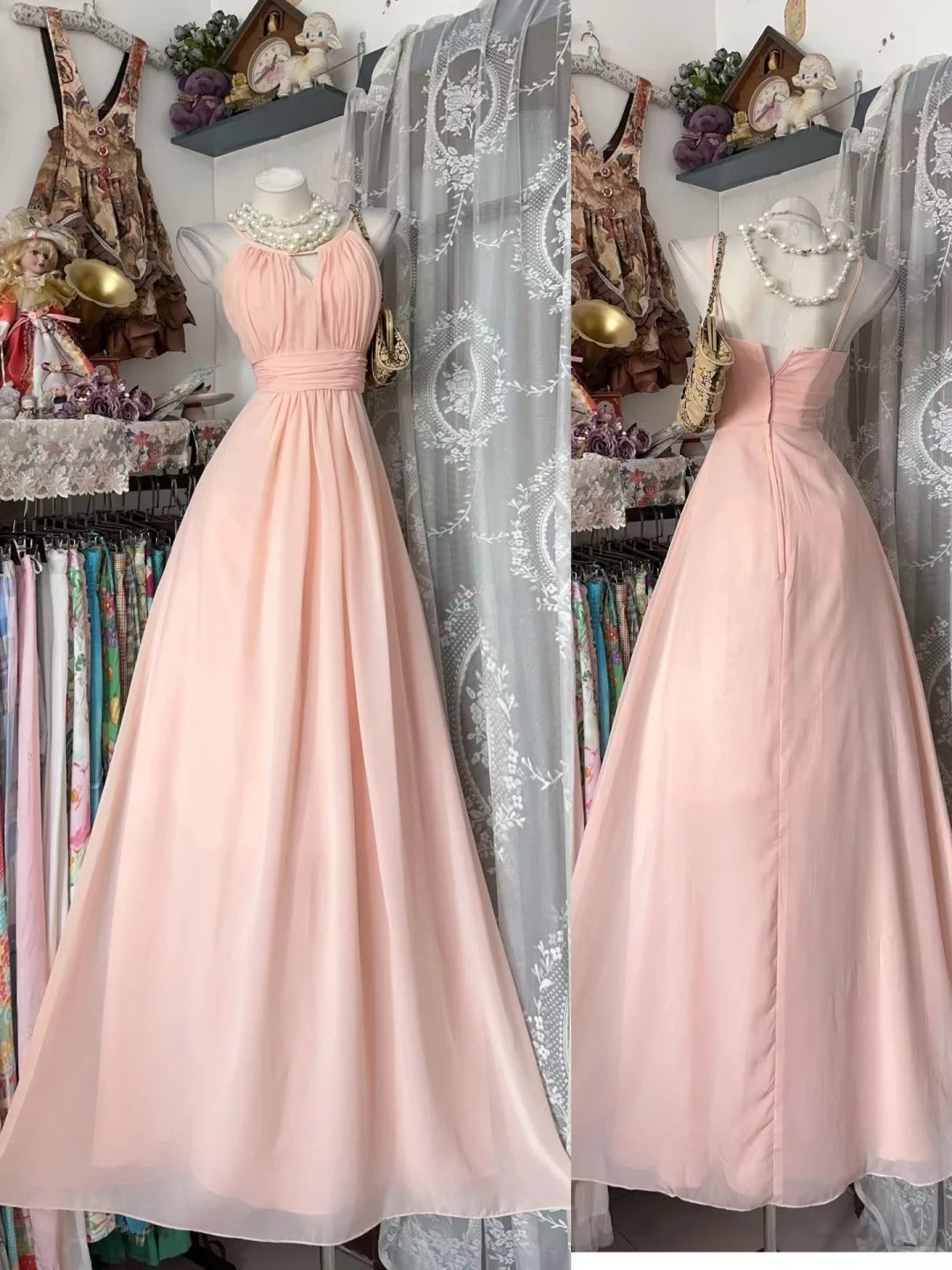 Vintage Prom Dresses A line Spaghetti Straps Blush Pink Chiffon Ruffled 90s Retro Party Evening Formal Outfits RC1106