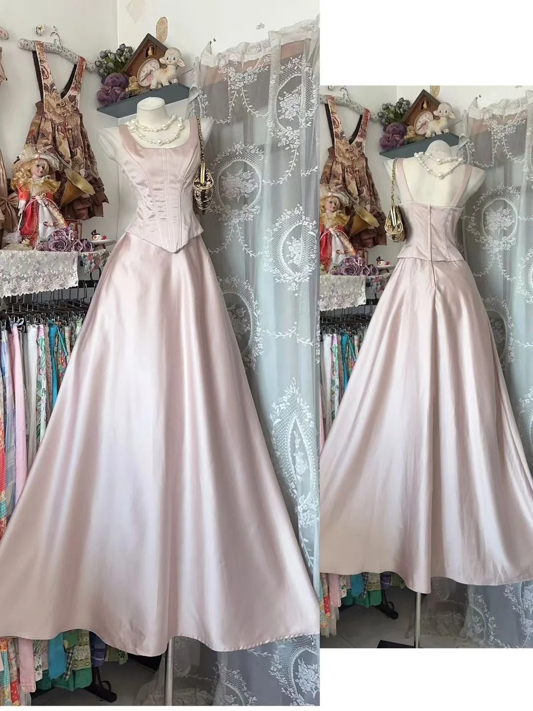 Vintage Prom Dresses Aesthetic A line Square Neck Pink Satin Inspo Formal Party Dress N1985