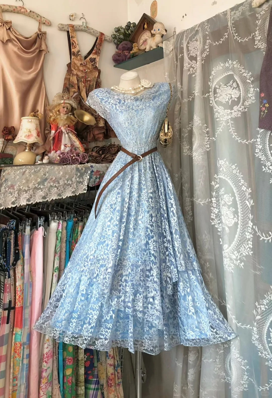 Prom Dress A Line Light Blue Lace Tea Length High School Graduation Party Dresses RC1126