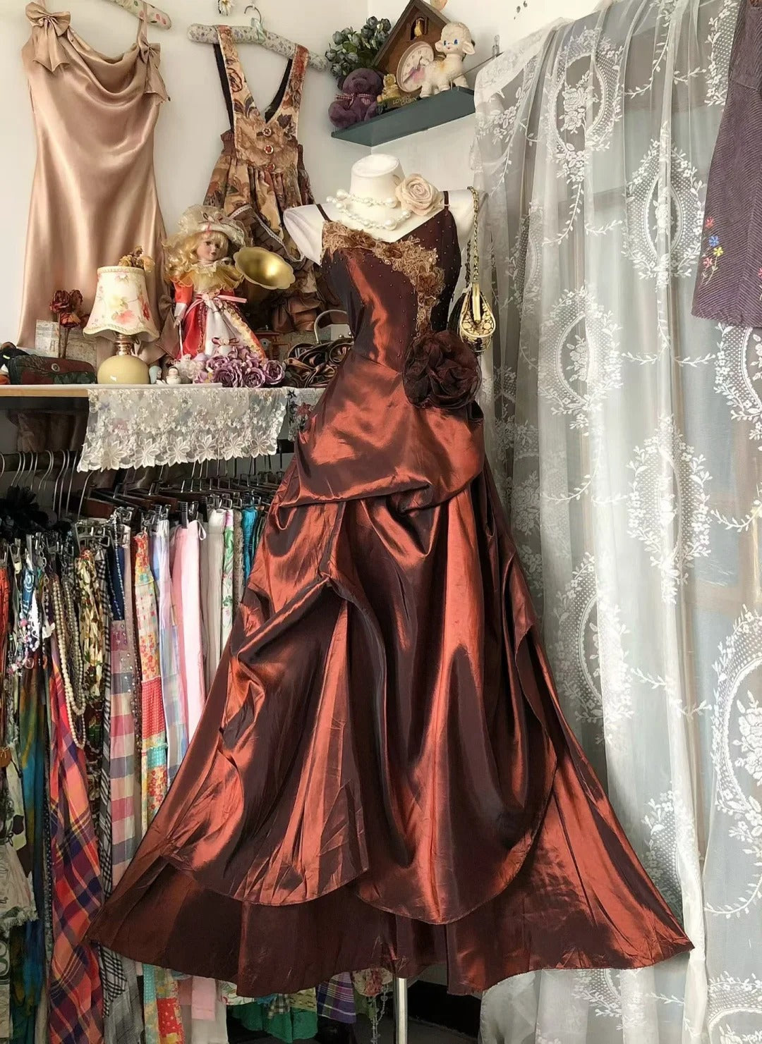 Vintage Prom Dresses Mermaid Spaghetti Straps Taffeta Lace Ruffled 90s Retro Party Evening Formal Outfits RC1108