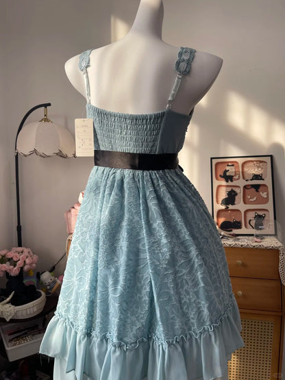 Vintage A Line Square Blue Chiffon With Lace 16th Birthday Homecoming Dress Graduation Outfits RB6799