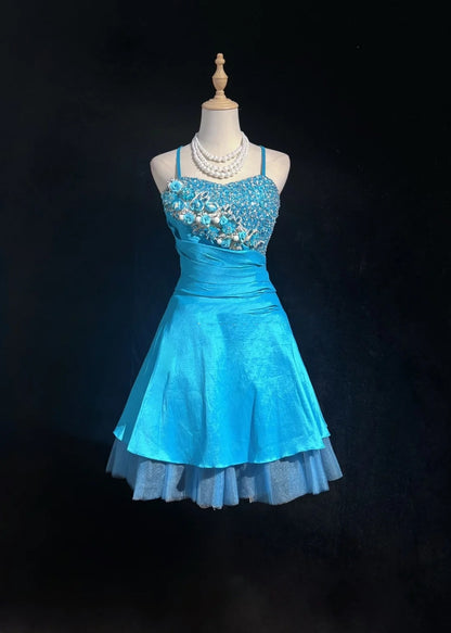 Cute Ball Gown Spaghetti Strap Blue Short Mini Party Dress Cocktail Homecoming Dresses N4218