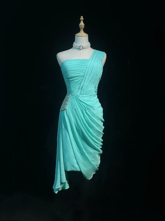 Pretty A line One Shoulder Blue Chiffon Short Mini Homecoming Dresses Hoco Gowns N2616