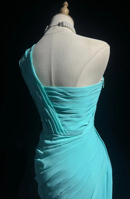 Pretty A line One Shoulder Blue Chiffon Short Mini Homecoming Dresses Hoco Gowns N2616