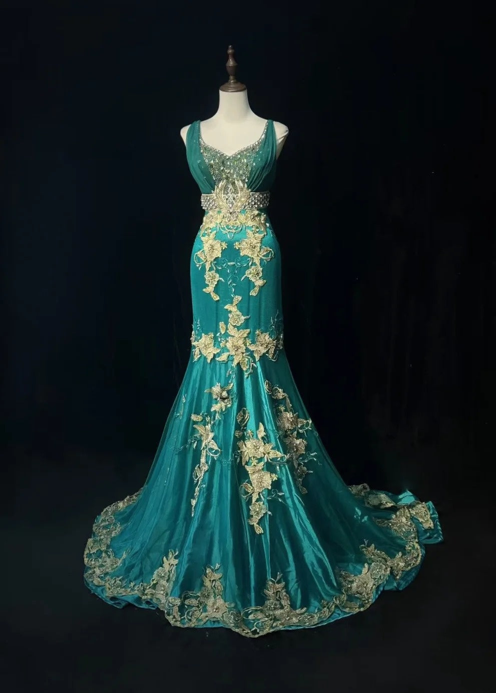 Vintage Prom Dresses 1970s Mermaid Straps Green Tulle Long With Gold Lace Prom Dresses Evening Formal Outfits RB5130