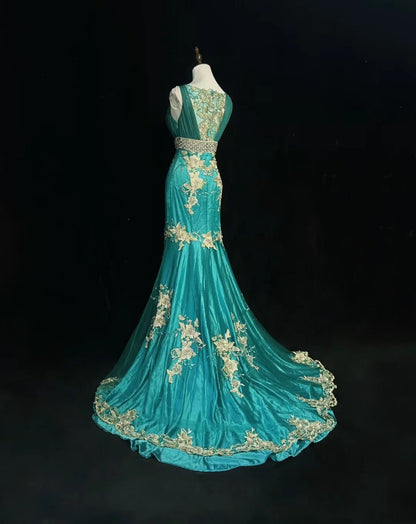 Vintage Prom Dresses 1970s Mermaid Straps Green Tulle Long With Gold Lace Prom Dresses Evening Formal Outfits RB5130