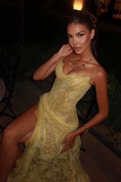 Modest Senior Prom Dresses High Schools Inspiration Mermaid Sweetheart Yellow Lace With Slit Semi Formal Grad Long Prom Dress For Teens AB2109