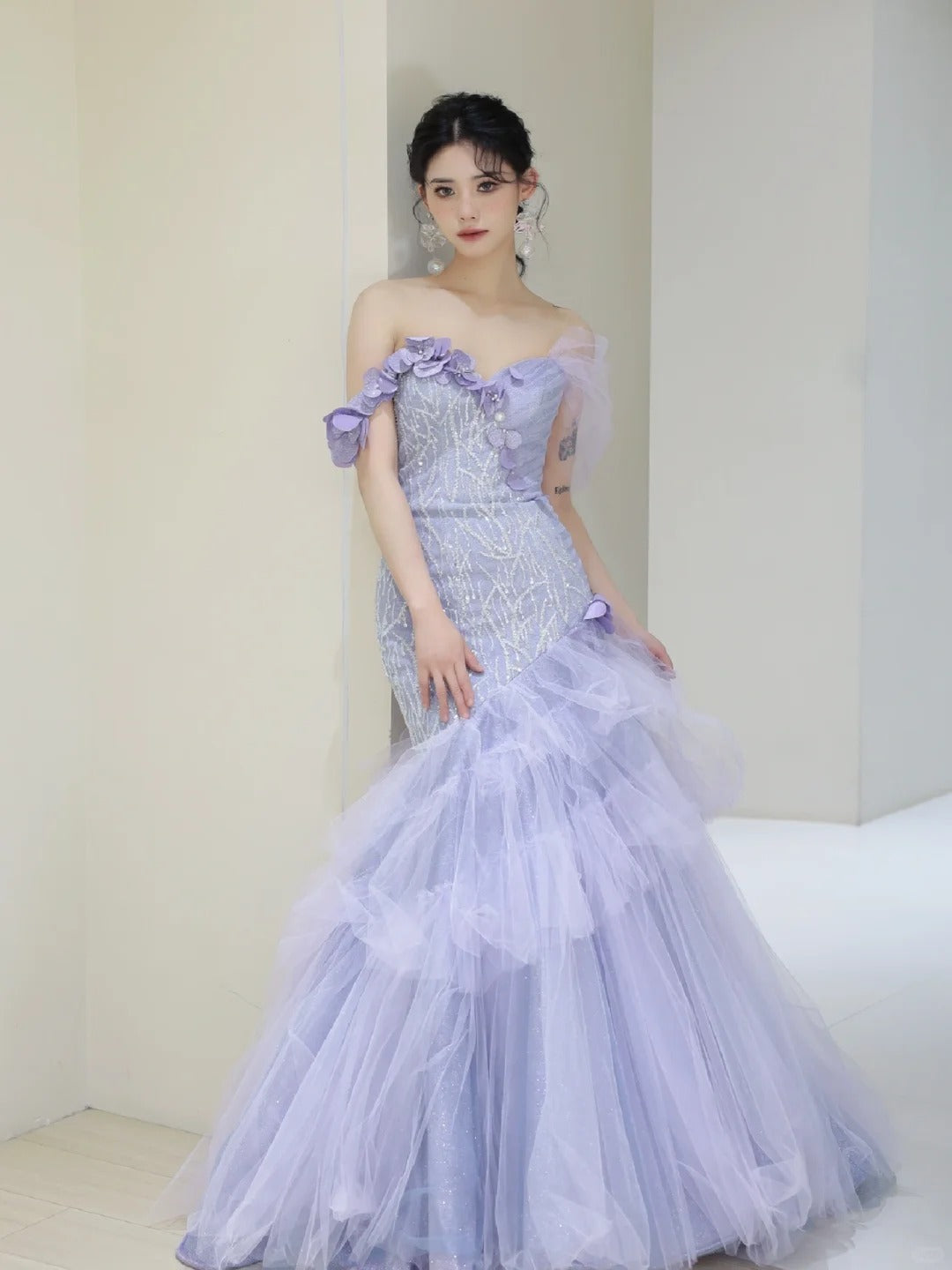 Modest Mermaid Off The Shoulder Lilac Tulle Long Prom Dresses Party Dress 21st Birthday Outfits Graduation Gown N851