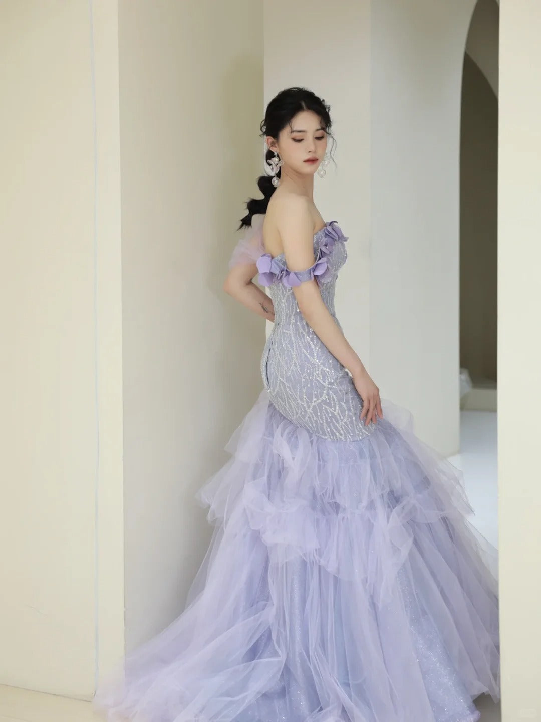 Modest Mermaid Off The Shoulder Lilac Tulle Long Prom Dresses Party Dress 21st Birthday Outfits Graduation Gown N851