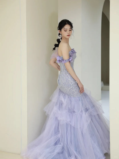 Modest Mermaid Off The Shoulder Lilac Tulle Long Prom Dresses Party Dress 21st Birthday Outfits Graduation Gown N851