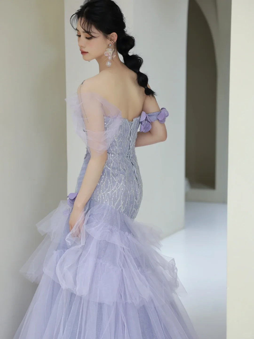 Modest Mermaid Off The Shoulder Lilac Tulle Long Prom Dresses Party Dress 21st Birthday Outfits Graduation Gown N851