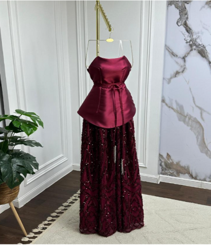 Classy A Line Strapless Sleeveless Burgundy Sequin Satin Long Prom Dresses Inspiration Prom Gown DH2936