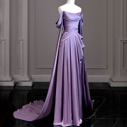 Modest Mermaid Off The Shoulder Light Grape Satin Long Prom Dresses Party Dress Princess Graduation Dress AB107