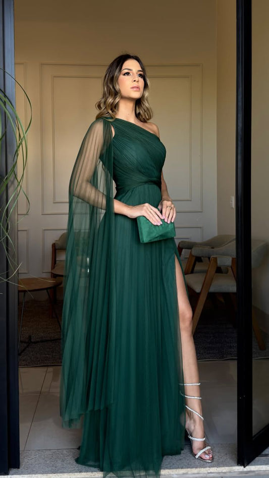 Women's Cocktail Party Gowns A line One Shoulder Dark Green Tulle With Slit Pleated Long Graduation Dinner Outfit Prom Dresses AB1894
