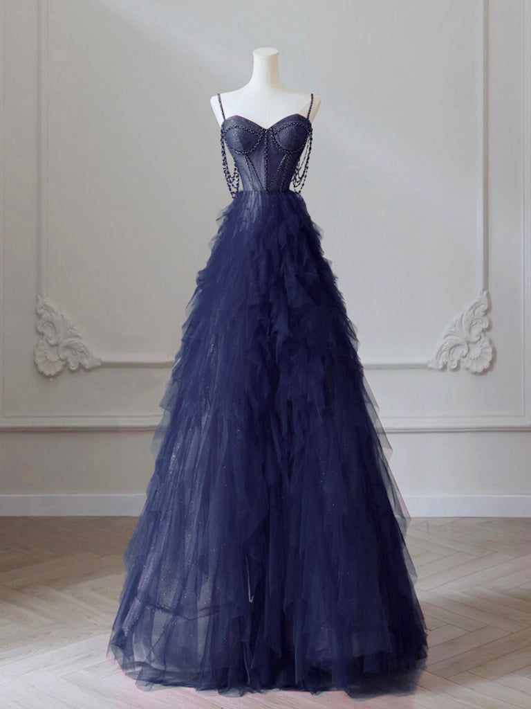 A-Line Sweetheart Neck Tulle Dark Blue Long Prom Dress, Dark Blue Long Graduation Dress With Beads AB691