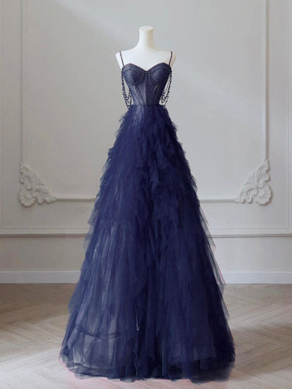 A-Line Sweetheart Neck Tulle Dark Blue Long Prom Dress, Dark Blue Long Graduation Dress With Beads AB691